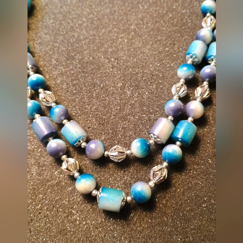 Elegant Blue, Purple and Silver Beaded Necklace, 2 Tiered